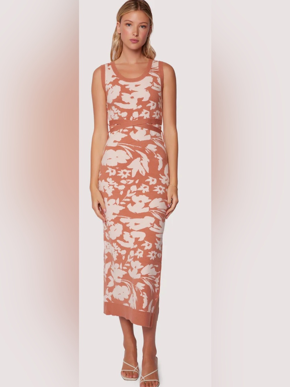 NEW XS/S Floral Knit Pencil Dress in Mocha/Dusty Rose and Cream